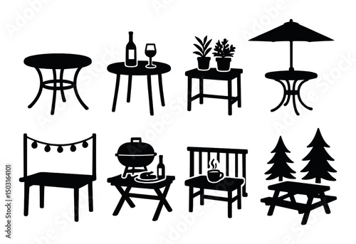 Outdoor furniture silhouette icons set – tables, garden, and patio designs
