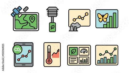 Outline with Fill icon set for environmental data: satellite map, environmental sensors, pollution graph, biodiversity index, carbon tracking, temperature trend, eco dashboard, data visualization.