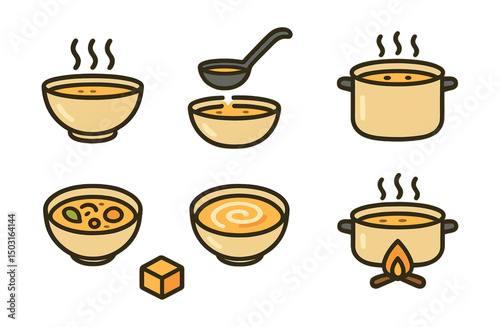 Outline with Fill vector icons of soups and stews: soup bowl, ladle pouring, bubbling pot, vegetable mix, creamy swirl, herbs on top, stock cube, simmering flame.