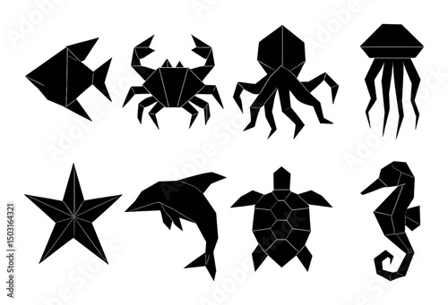 Origami sea silhouette icons set – marine, aquatic, ocean animal symbols