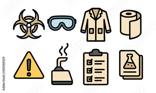 Outline with Fill icon set for lab safety: biohazard sign, safety goggles, lab coat, spill cleanup kit, warning triangle, fume extractor, safety checklist, chemical labels.