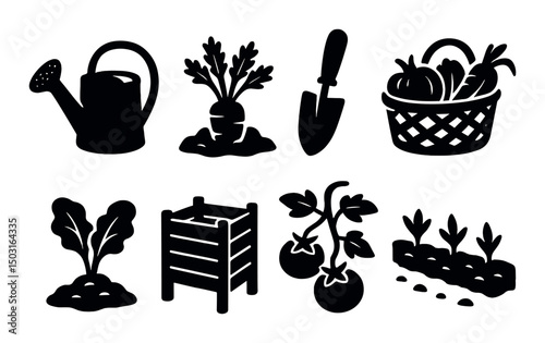 Garden harvest silhouette icons set – farming, agriculture and produce symbols