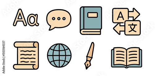 Outline with Fill vector icons of language and literature: alphabet characters, speech bubble, classic book, translation arrows, scroll with script, language globe, calligraphy pen, open manuscript.