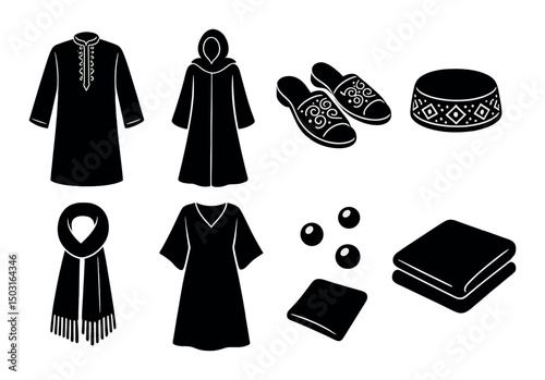 Eid fashion silhouette icons set – traditional, muslim holiday attire symbols