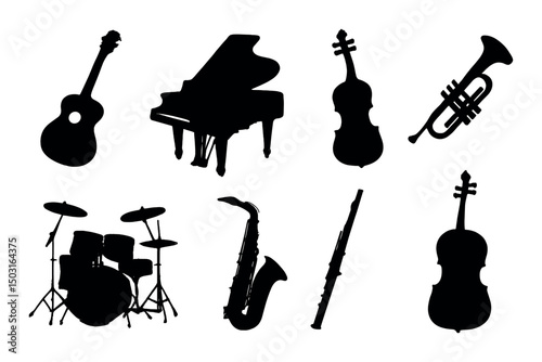 Musical instruments silhouette icons set – band, orchestra and performance graphics