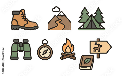 Outline with Fill icon set for nature exploration: hiking boots, mountain trail, forest tent, campfire, binoculars, compass, nature logbook, wildlife sign.