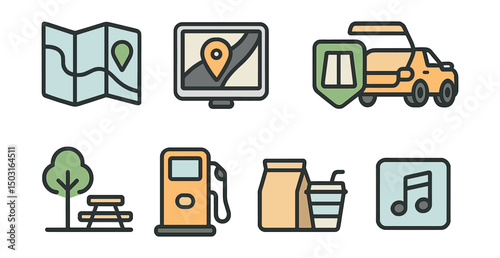 Outline with Fill icon set for road trips: road map, GPS icon, highway sign, car trunk, roadside stop, gas station, road snack, playlist icon.