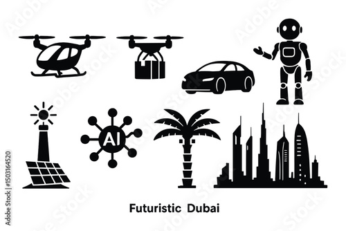 Futuristic dubai silhouette icons set – modern, innovative, technology symbols
