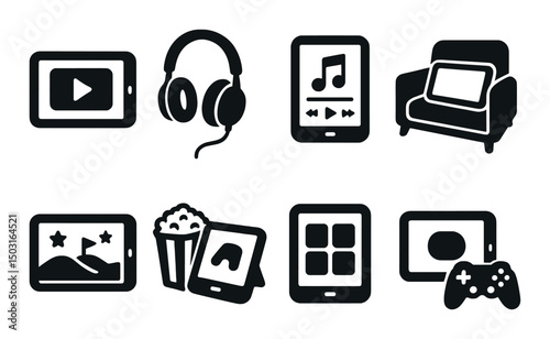 Tablet and entertainment silhouette icons set – simple, digital and media symbols