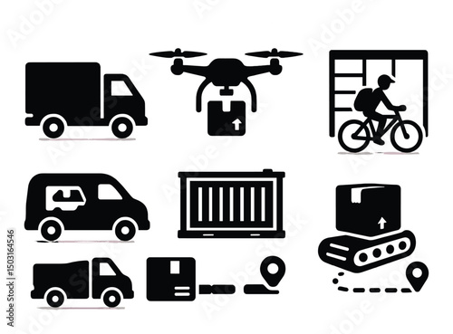Modern delivery methods silhouette icons set – transport, logistics, shipping visuals