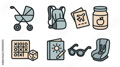 Outline with Fill icon set for travel with kids: stroller, child backpack, family tickets, baby food jar, travel games, coloring book, kids sunglasses, car seat.
