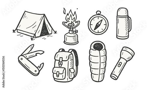 Hand-drawn vector icons of camping gear: tent, camping stove, compass, thermos, pocket knife, hiking backpack, sleeping bag, flashlight.