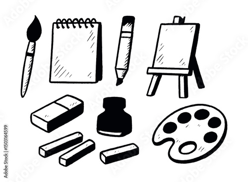Hand-drawn vector icons of artist tools: paintbrush, sketchpad, marker, eraser, easel, ink bottle, pastel sticks, mixing tray.