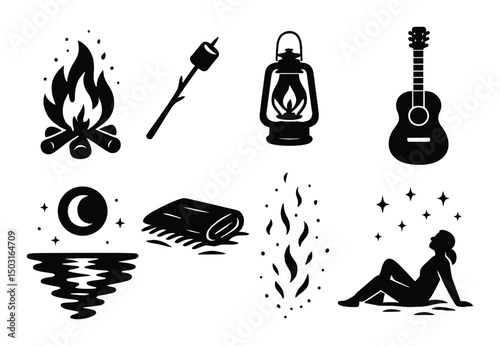 Beach bonfire silhouette icons set – campfire, marshmallow and summer night symbols