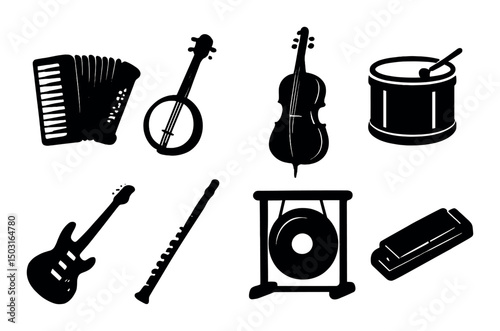 Musical instrument silhouettes icons set – simple, instrument and music symbols