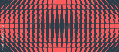 Red grid pattern bends across a dark backdrop in a warped optical illusion. Dynamic flow with a modern geometric vibe. Perfect for technology themes, digital projects and sci-fi design. Wide wallpaper