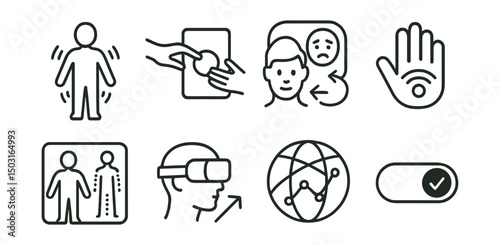 Line style icons of multiverse apps: avatar body language sync, gesture bridge icon, emotional expression translation, haptic feedback sync, motion capture compatibility, AR/VR movement integration,