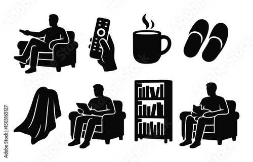 Cozy home essentials silhouette icons set – simple comfort, living, and relaxation symbols
