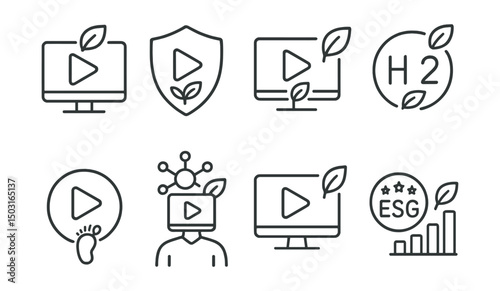 Line style icons of Web3 streaming: eco-friendly stream mode, carbon-neutral content badge, green protocol for video, energy-efficient codec badge, low-footprint playback icon, decentralized green