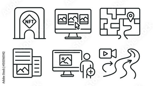 Line style icons of NFT galleries: gallery entrance portal, virtual room selection, teleport to exhibit icon, gallery layout map, room category selector, personal gallery creator, gallery tour mode,