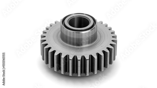 A single metal gear with teeth and a central hub sitting on a white surface in monochrome style