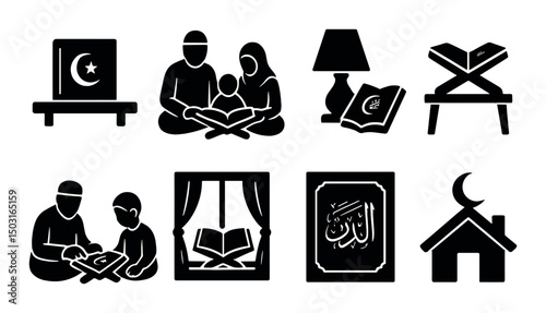 Quran home silhouette icons set – simple, religious and spiritual symbols