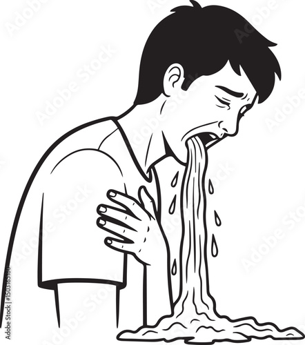 Black and White Illustration of a Man Vomiting with Visible Distress