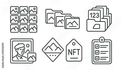 Line style icons of NFT galleries: NFT collection grid, categorized NFT folders, collection series badge, limited edition set icon, artist collection cover, rarity tier indicator, NFT tag system,