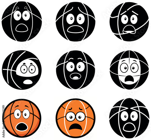Black and White Basketball Emoji Faces – Set of Expressive Sports Ball Icons