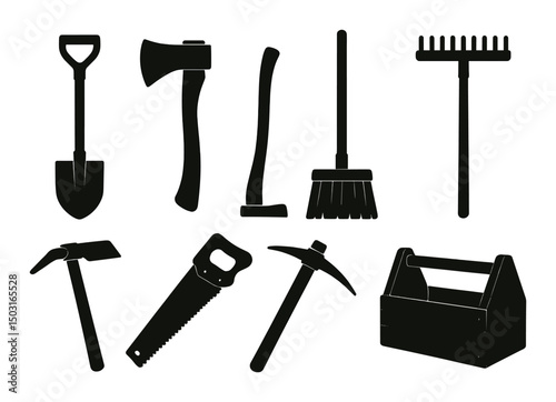 Wooden tools silhouette icons set – simple, rustic and carpentry symbols