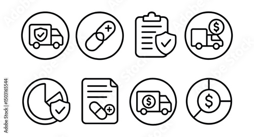 Line style icons of medicine delivery (circular): insurance-covered delivery badge, health plan integration icon, insured item symbol, co-pay delivery approval, coverage status ring, benefits claim