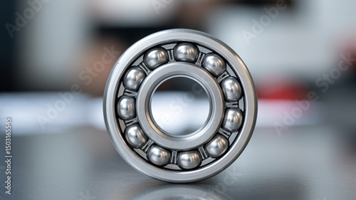 Close up shot of a silver ball bearing with small metal balls inside on a blurred background