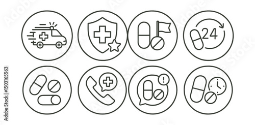 Line style icons of medicine delivery (circular): emergency delivery mode, priority badge icon, red-flag dose ring, 24/7 delivery alert, weekend delivery toggle, pharmacy hotline ring, critical needs