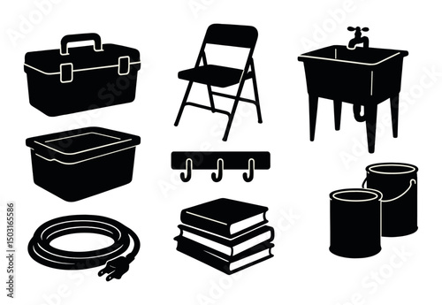 Basement essentials silhouette icons set – simple, home storage and utility symbols
