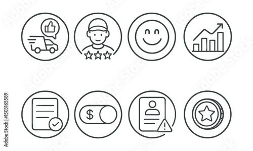 Line style icons of medicine delivery (circular): delivery feedback bubble, courier rating badge, patient satisfaction ring, delivery experience chart, review form icon, tip courier toggle, complaint