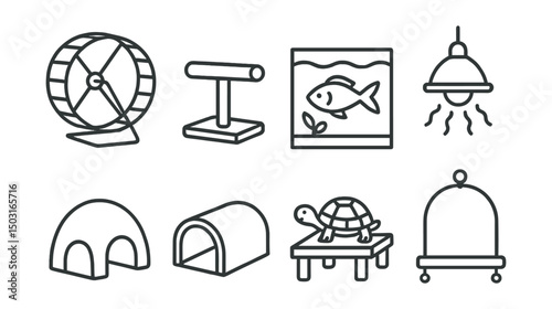Line style icons of pet care: hamster wheel, bird perch, fish tank, reptile heat lamp, rabbit hideout, guinea pig tunnel, turtle platform, bird swing.