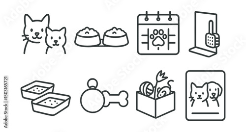 Line style icons of pet care: multi-pet household icon, food bowls side-by-side, feeding schedule chart, grooming station divider, separate litter trays, pet name tags, toy sorting box, pet harmony