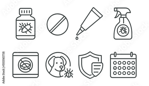 Line style icons of veterinary pharmacy: flea and tick medication, deworming tablet, topical spot-on tube, anti-parasitic spray, tick collar package, mite treatment icon, parasite prevention plan,