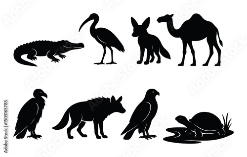 Egyptian wildlife icons set – silhouette, desert and nature animal symbols