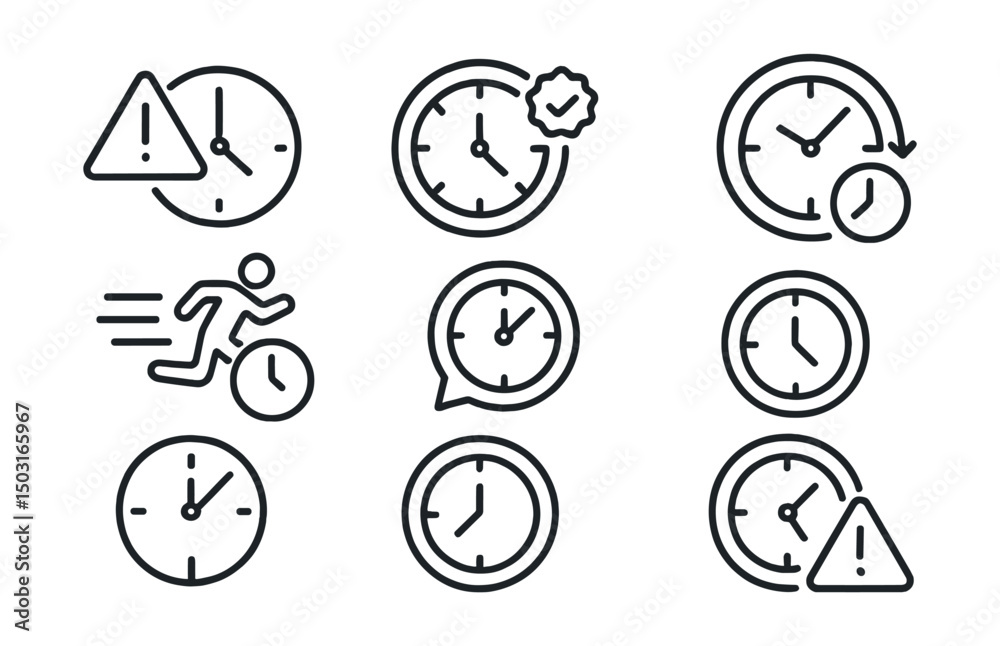Line style icons of time: delay alert icon, missed deadline symbol, late badge, overtime clock, running out of time, expired event bubble, past due ring, end time warning.