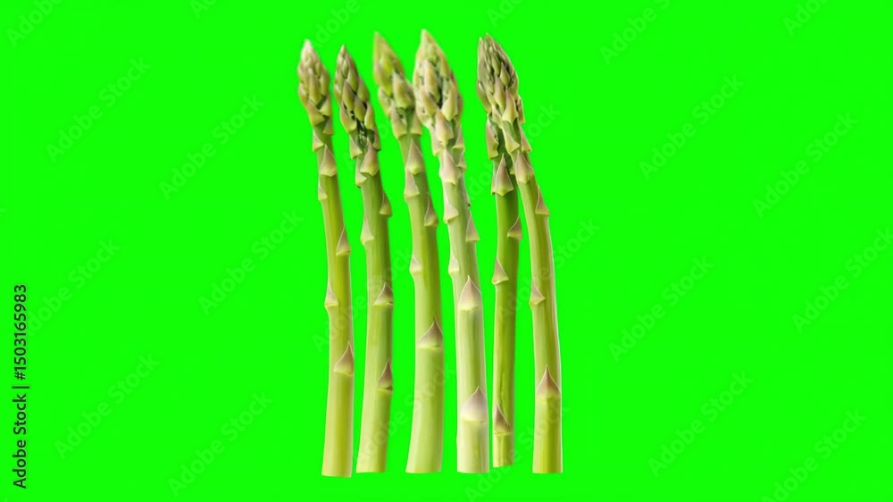Asparagus stalks displayed against a bright green screen background in a clear and vibrant presentation