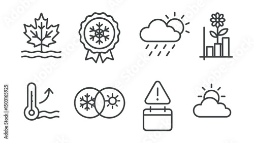 Line style icons of seasonal transitions: first frost icon, last snowfall badge, rainy to sunny symbol, blooming threshold chart, temperature shift line, seasonal overlap icon, transition day alert,