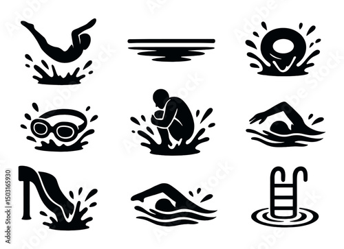 Swimming and diving silhouette icons set – splashes, water sports and aquatic symbols