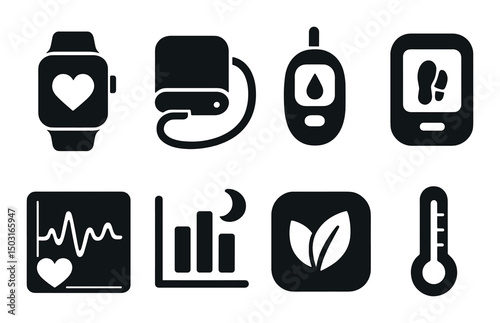 Health monitoring silhouette icons set – wellness, medical and fitness symbols