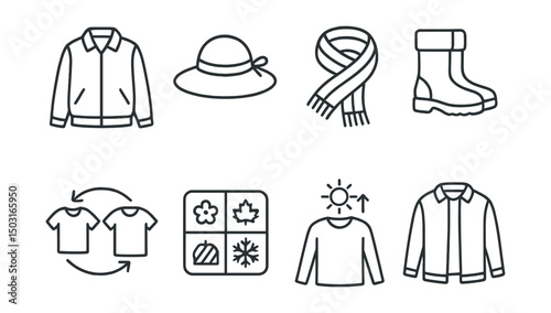 Line style icons of seasonal clothing: light spring jacket, summer hat, autumn scarf, winter boots, wardrobe swap icon, seasonal fabric chart, UV-protective shirt, layering guide.