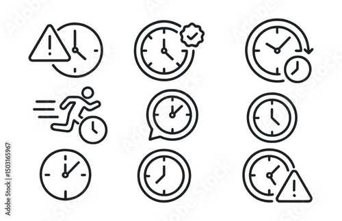 Line style icons of time: delay alert icon, missed deadline symbol, late badge, overtime clock, running out of time, expired event bubble, past due ring, end time warning.