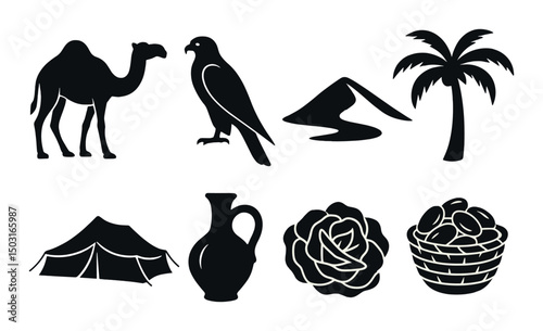 Desert adventure icons set – silhouette, nature and landscape style symbols