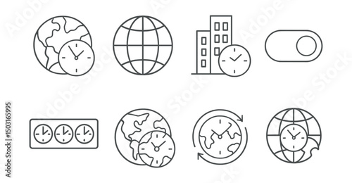 Line style icons of time: world clock icon, time zone globe, city time selector, GMT/UTC toggle, international clock panel, clock with map, timezone difference ring, global time sync.
