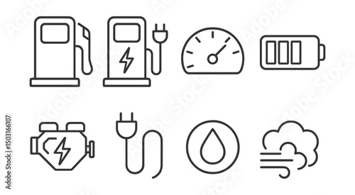 Line style icons of fuel and charging: gas pump, electric charging station, fuel gauge, battery level, hybrid engine icon, charging cable, fuel type label, emission icon.