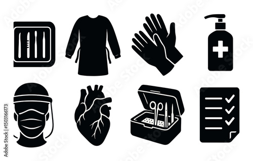 Health and safety silhouette icons set – medical, healthcare and emergency symbols